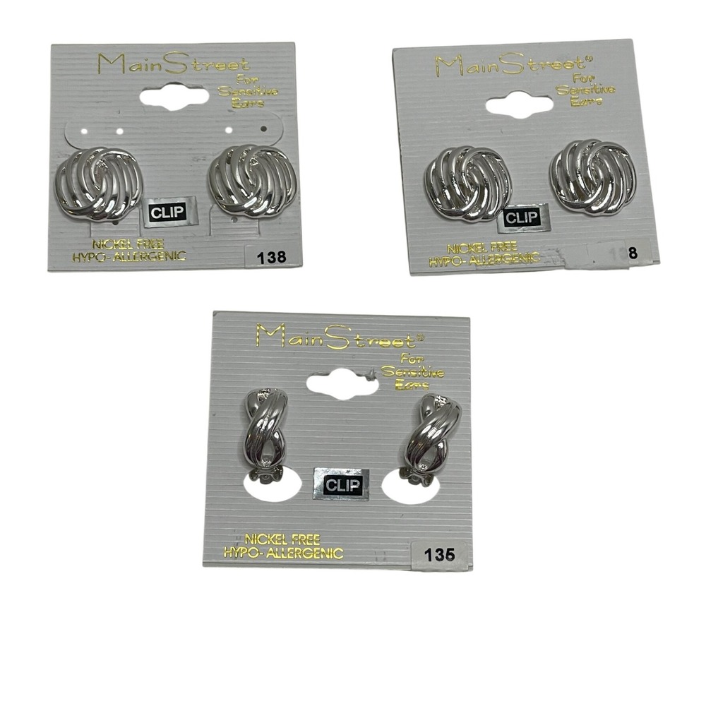 Lot Main Street Silver Tone Clip On Earrings Nickel Free Hypoallergenic 3 Pairs‎